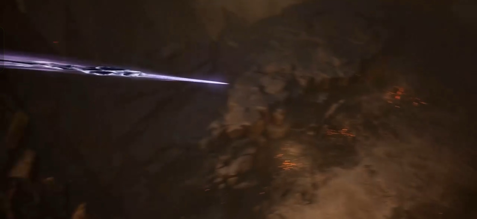 Purple energy projectile in dark cavern