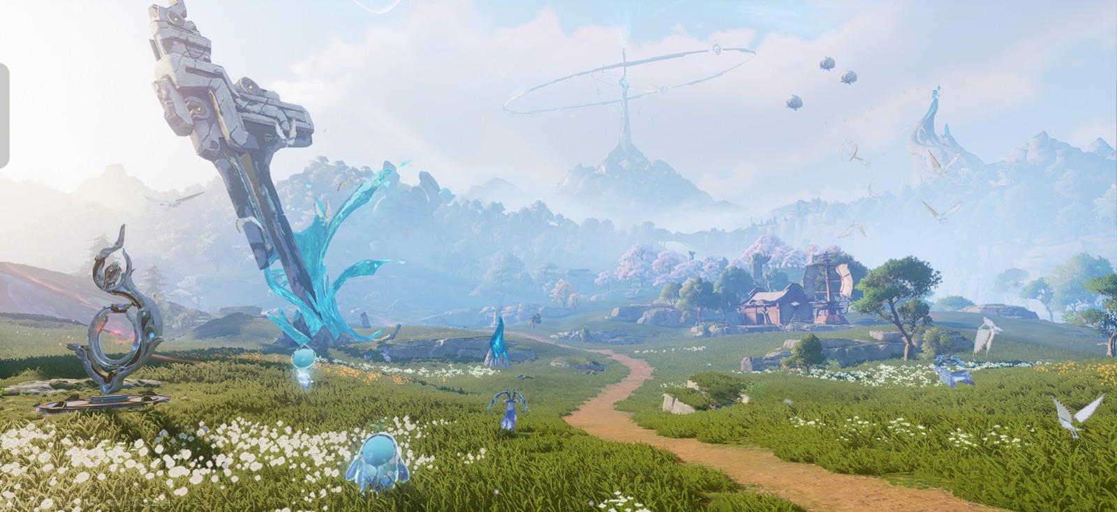 Wide-angle landscape with distant celestial structure